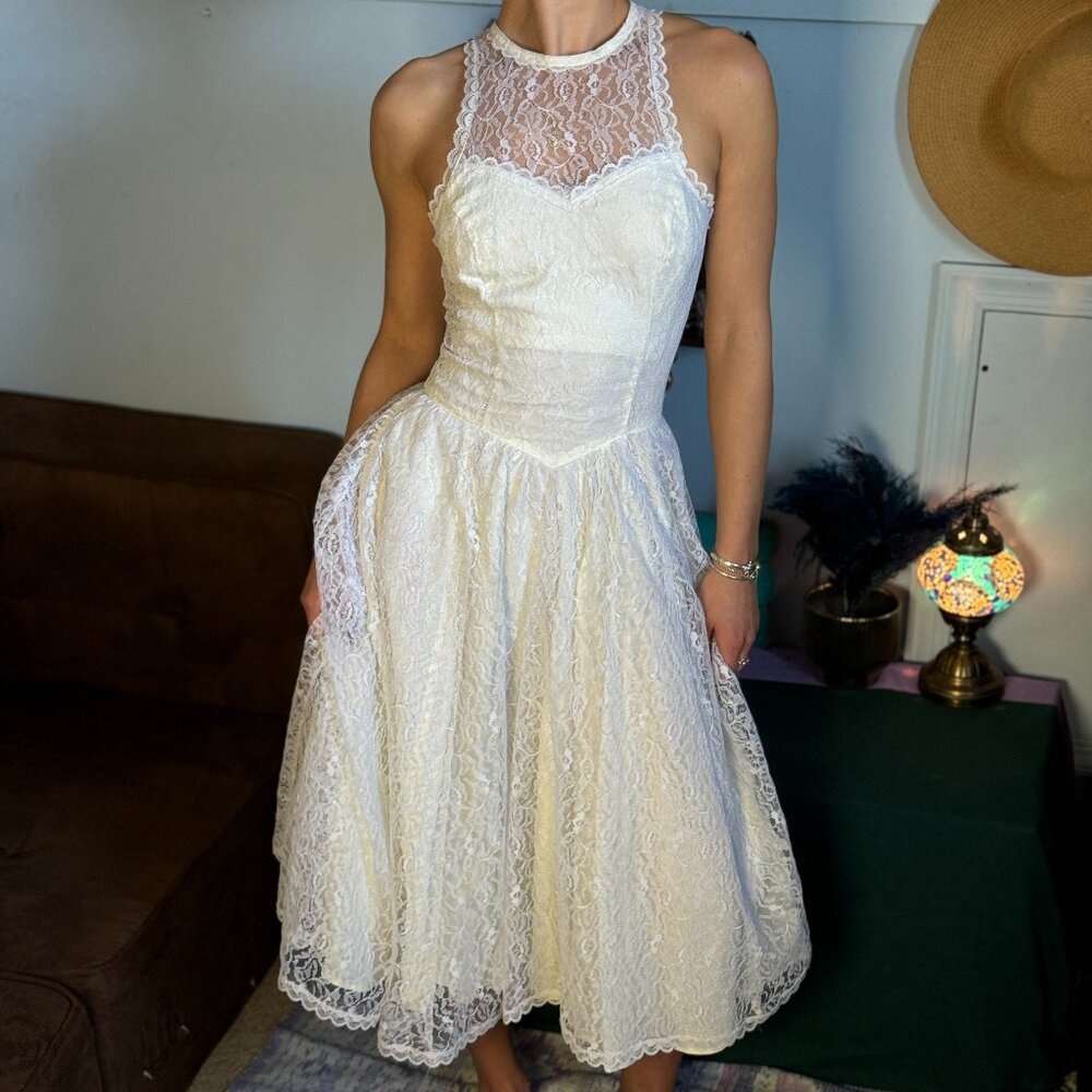 Vintage Gunne Sax Drop Waist High Neck Dress Sleeveless Lace Overlay in Ivory